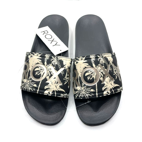 Roxy Women's Slippy Slide Sport Sandal, Black/Gold/Palms, 9 US - Picture 1 of 2